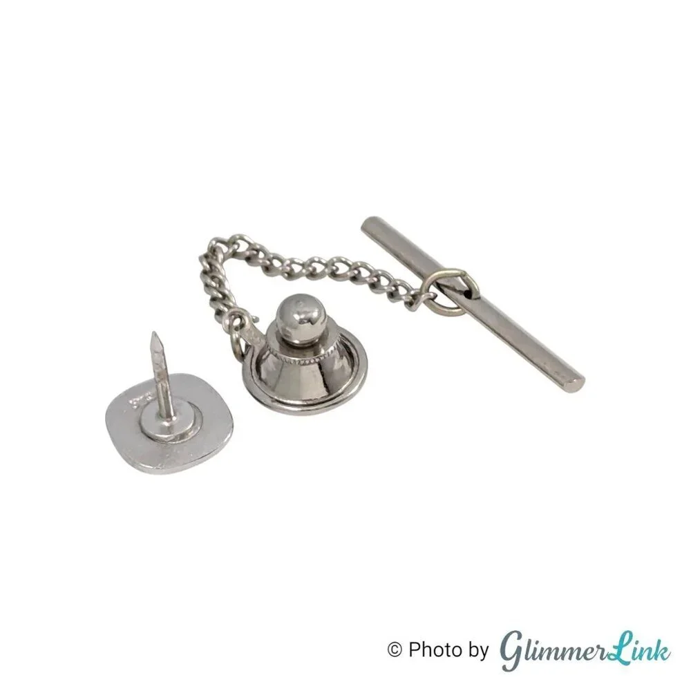 Vintage Swank Silver Tone Tie Tack with Shell Cabochon, Chain & T-Bar